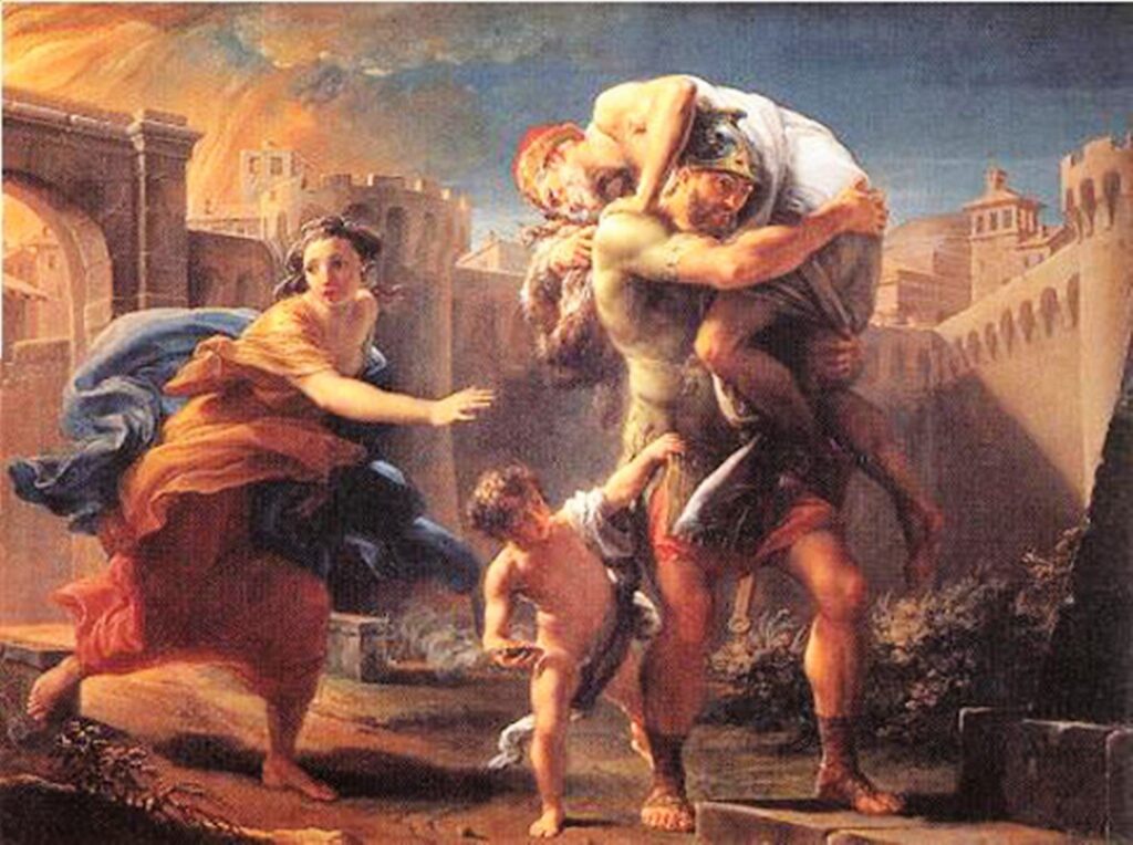 Enea fugge con la famiglia dalla città di Troia, in fiamme per colpa dei Greci.