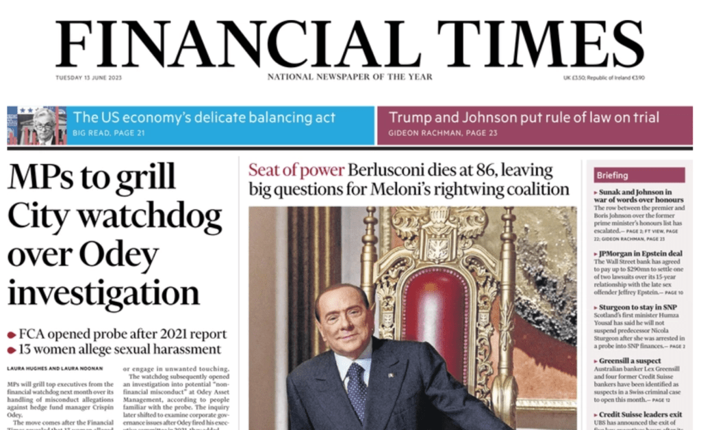 Financial Times comunica la morte di Silvio Berlusconi