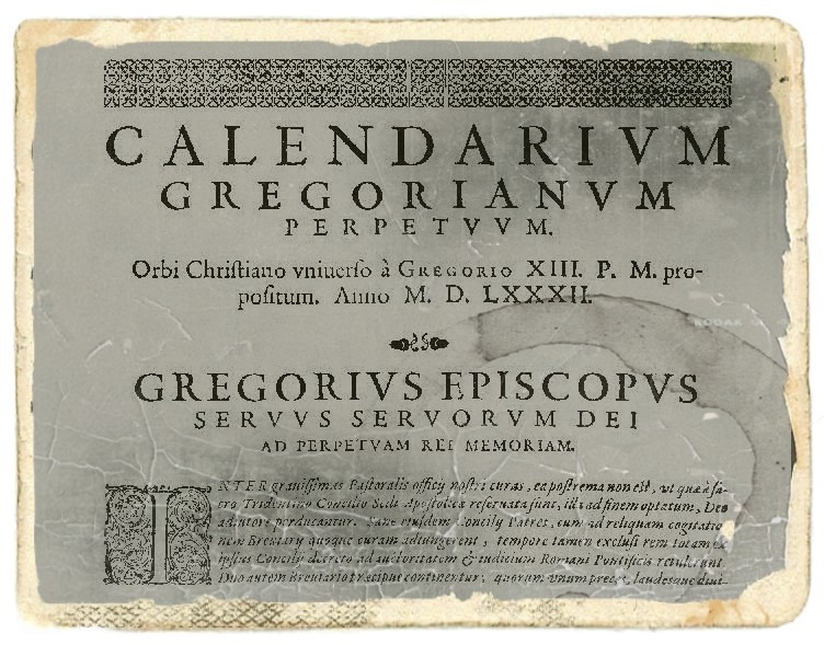 Foto del calendario gregoriano, la cui introduxione ha comportato uno slittamento della data della Fine del Mondo, a differensa di quanto sostenessero i Maya